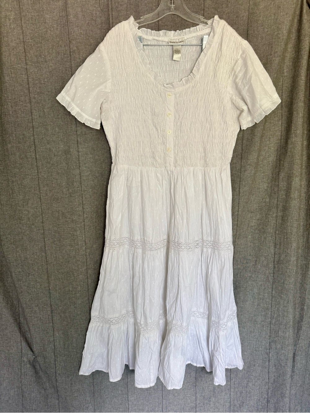 Draper’s & Damon’s Women's Midi Dress Lg White Boho Smocked Cotton Tiered Summer